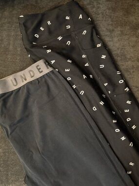 Under Armour Black Leggings with White All-Over Lettering & Cropped Leggings